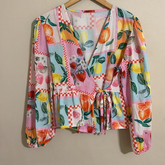 Made in Italy Fruit Print Cotton Wrap Top size S Artsy Colorful Maximalist Cute - Picture 2 of 8